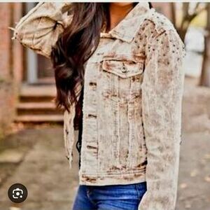 POL Distressed Beige Jean Jacket with Stud Accents